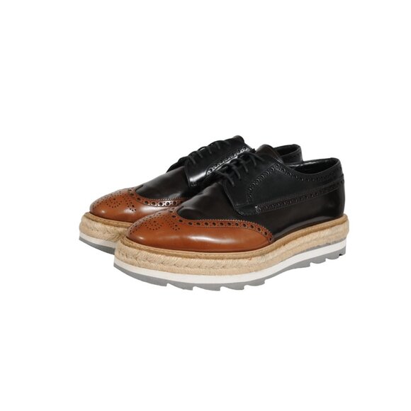 Prada Men Platform Brogue US 10 UK 9 Brown Leather Wingtip Espadrille Medallion - Picture 7 of 11
